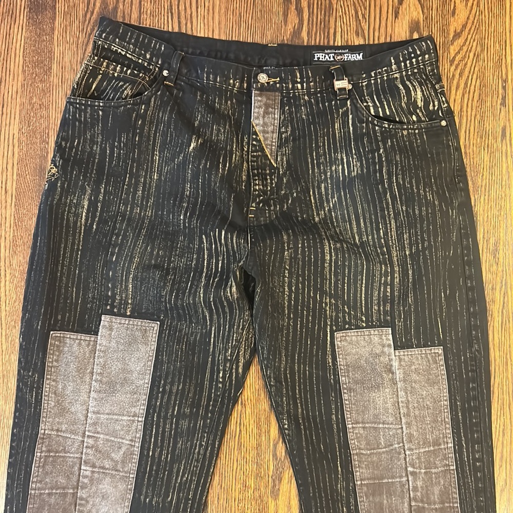 Men's Black Pinstripe Jeans with Gray Knee Patches - Picture 2 of 11